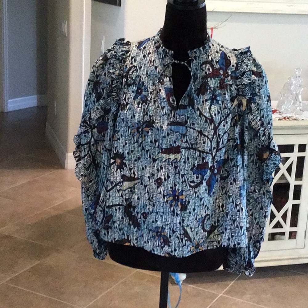 Ulla Johnson ruffle boho top with tie front, multicolored, size 0